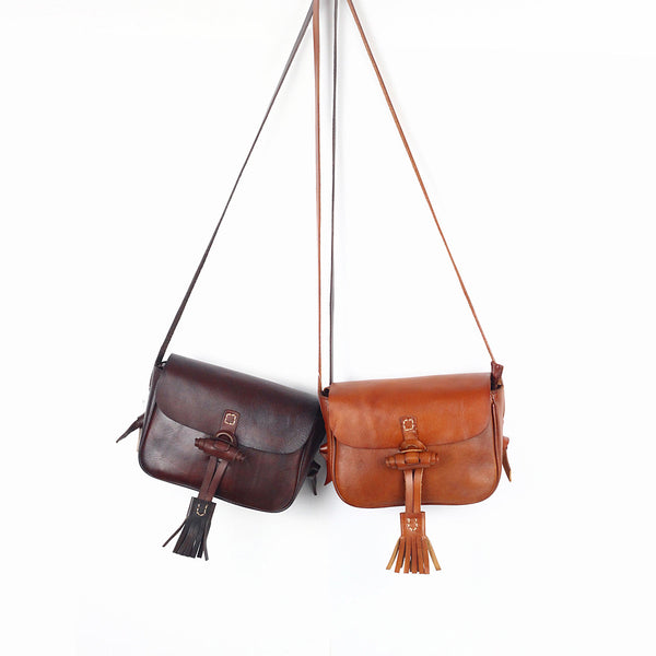 Bolsa de Cuero Retro Artesanal con Flecos para Mujer