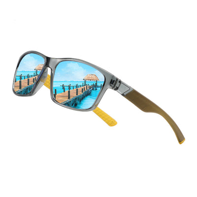 Black and blue polarized sports sunglasses with rectangular frames and blue mirrored lenses reflecting snowy mountains. - Image 10