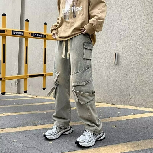 Pantalones Casuales Holgados Multibolsillos Lavado Industrial