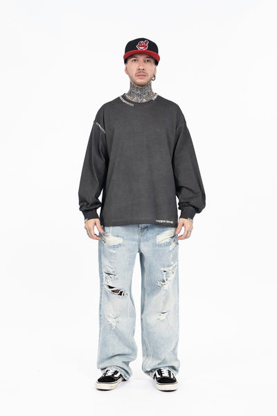 Camiseta Manga Larga Oversize Tejida a Mano para Hombre - Algodón Pesado - Image 12