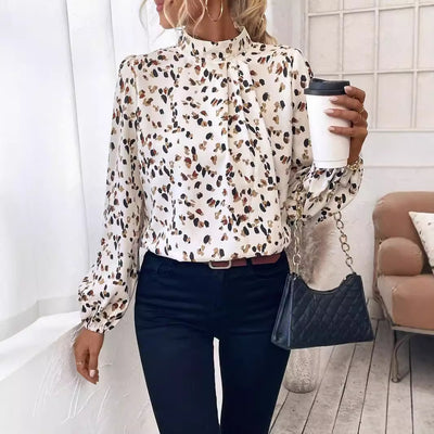 Blusa Estampada Cuello Mao Manga Larga Coordinable para Mujer
