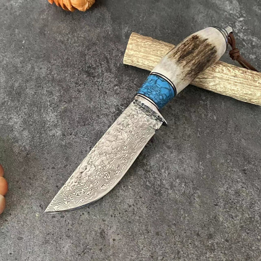 Cuchillo de Asta de Venado con Acero Damasceno y Mango Turquesa - Image 10