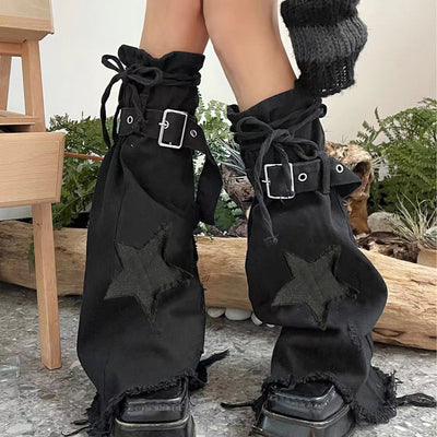 Calcetines Denim Retro con Bordado de Estrellas y Cuello Anudado para Mujer - Image 5