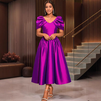 Vestido de Noche con Mangas Abullonadas y Bajo Plisado