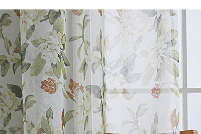 Dark gray semi-sheer curtains with a white and green floral pattern, hung on a black rod in a living room. - Image 10