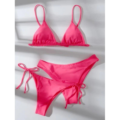 Lavender three-piece bikini set with a triangle top, tie-side bottom, and high-cut bottom, displayed with a straw hat and purple sunglasses. - Image 9
