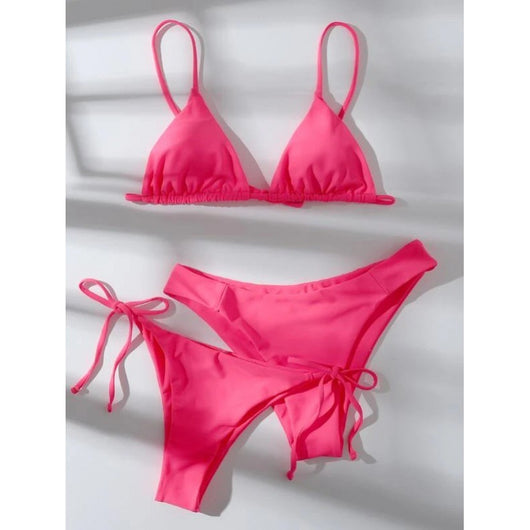 Lavender three-piece bikini set with a triangle top, tie-side bottom, and high-cut bottom, displayed with a straw hat and purple sunglasses. - Image 9