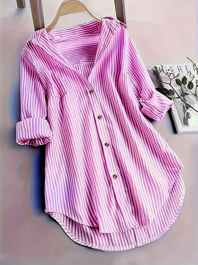 Camisa Casual Suelta a Rayas con Botones y Mangas Largas para Mujer - Image 3
