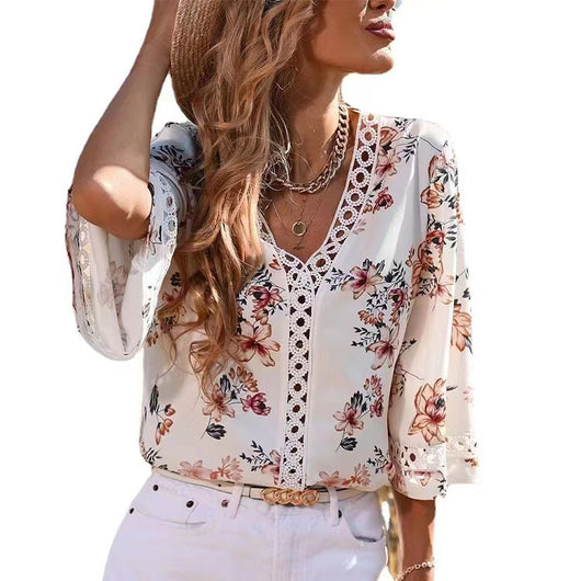 Blusa Elegante Suelta con Escote en V y Mangas Acampanadas de Encaje - Image 3