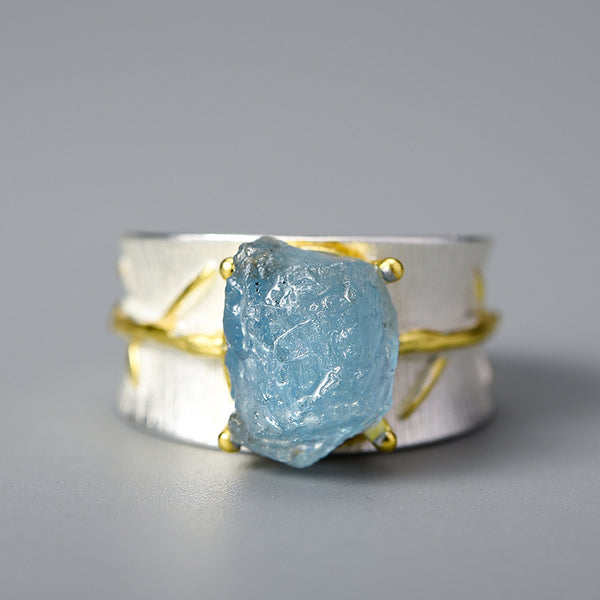 Anillo de Plata 925 con Aguamarina y Hoja para Mujer