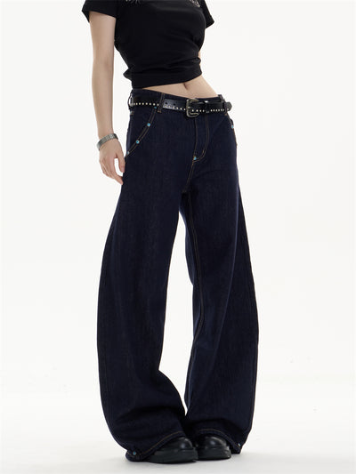 Pantalones Jeans Azul Oscuro Retro Corte Recto Ancho Casual - Image 11