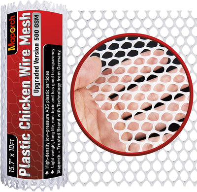 White plastic chicken wire mesh roll with hexagonal openings, showing transparency with a hand behind it. - Image 8