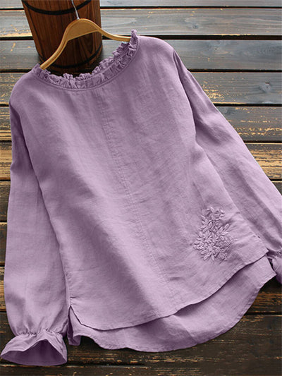 Blusa Suelta de Algodón y Lino con Cuello Bordado de Flor de Loto Japonesa - Image 8