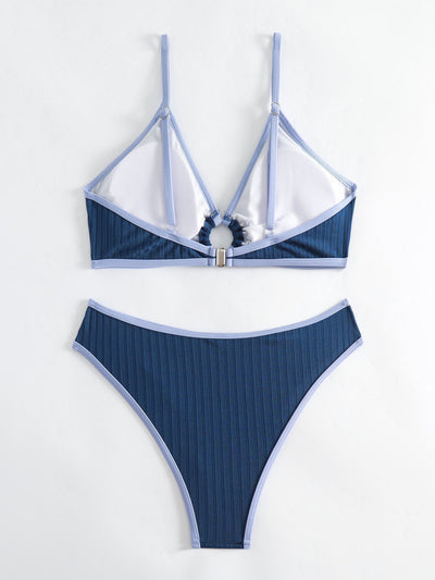 Women's dark blue ribbed two-piece swimsuit with light blue trim, triangle top, and high-cut bikini bottom. - Image 14