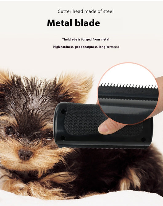 Black HistoTree animal deshedding comb with a textured grip, shown next to its white and green retail box. - Image 8