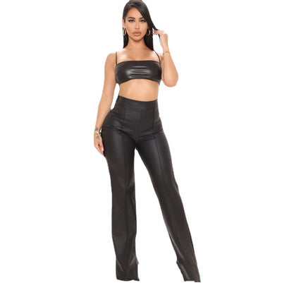 Pantalones de Cuero Sintético Talle Alto Mujer con Cierre Negro - Image 11