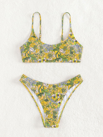 New printed bikini swimsuit with a vibrant floral pattern on a light blue background, featuring a scoop neck top and high-cut bottom. - Image 4