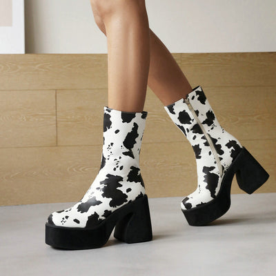 Botines para Mujer con Tacón Alto Grueso y Plataforma - Patrón Leche - Image 6
