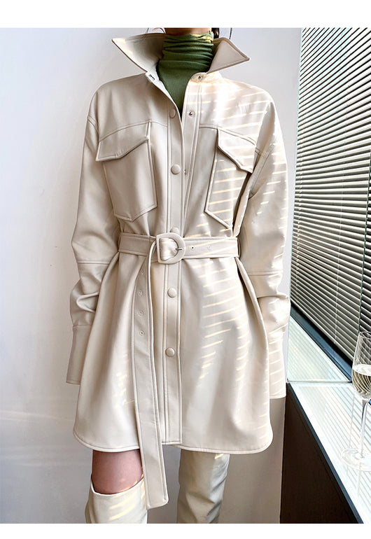 Abrigo de Cuero Blanco Retro con Blusa Entallada Midi para Mujer - Image 8