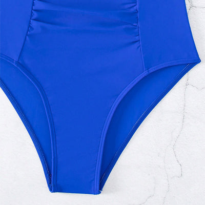 Royal blue one-piece swimsuit with V-neck, hollow-out detail, and pleated belly-slimming ruching. - Image 14
