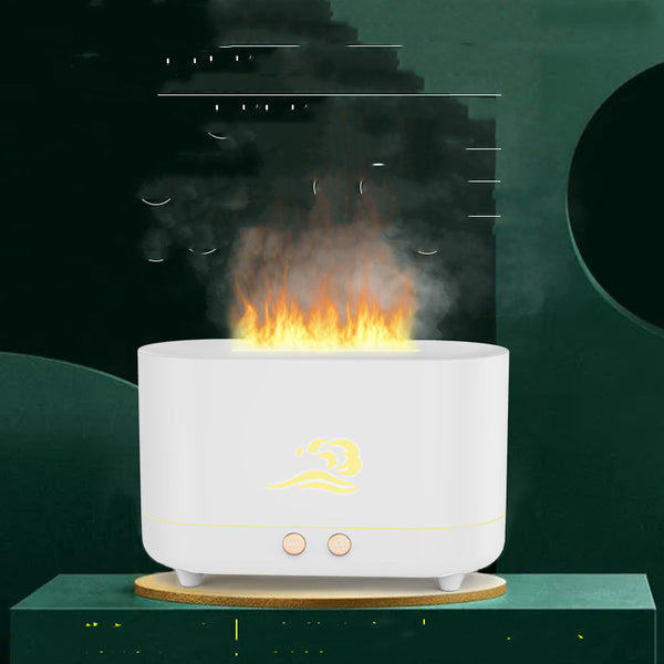 White simulated flame humidifier with a golden wave logo, emitting orange light and mist, on a dark green background. - Image 5