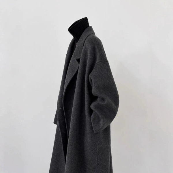Abrigo de Lana Coreano Gris Oscuro Holgado Largo Mujer Premium - Image 4