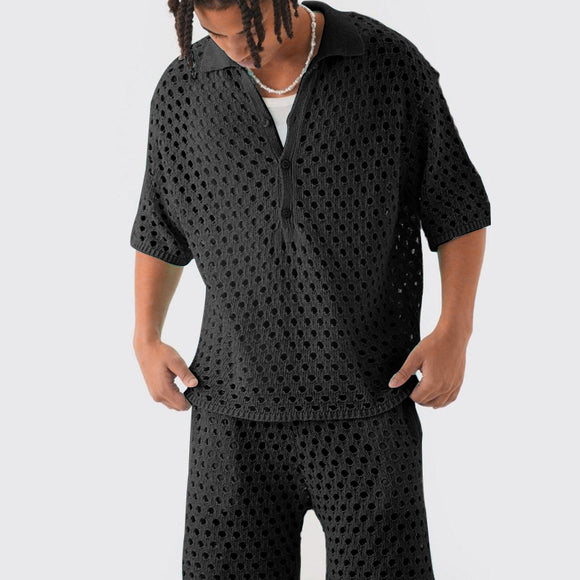Conjunto de Polo Abotoado e Shorts em Ponto Canelado