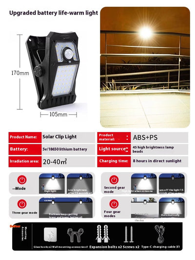 Lámpara Clip Solar con Sensor de Movimiento Corporal Impermeable - Image 4