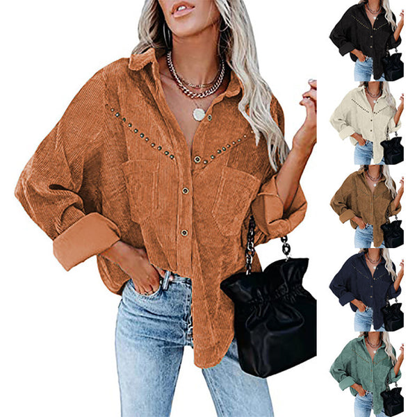Chaqueta Camisa Oversized de Pana Botones Manga Larga Colores Sólidos