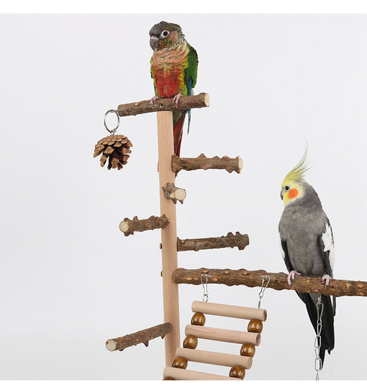 Multi-level natural wood parrot play stand with perches, ladder, swings, and two stainless steel feeding cups. - Image 13