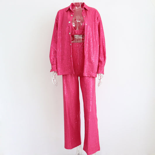 Conjunto de 3 Piezas: Chaleco Lentejuelas Escote V, Blusa Manga Larga y Pantalón Recto - Image 12