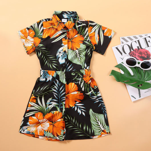 Family matching Hawaiian outfits: men's shirt and shorts, women's off-shoulder maxi dress, girl's dress, boy's shirt and shorts, all with black, orange hibiscus - Image 10