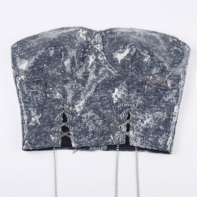 Sostén Vaquero con Lentejuelas Estrellas y Cadena Delgada - Diseño Hot Girl - Image 15