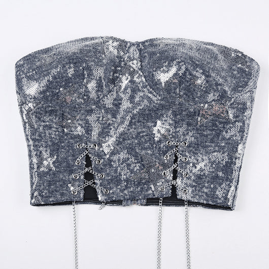 Sostén Vaquero con Lentejuelas Estrellas y Cadena Delgada - Diseño Hot Girl - Image 15