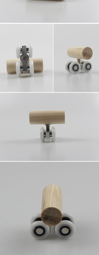 Wooden bird toy resembling a roller skate with a pine log body and four white wheels with metal bearings. - Image 11