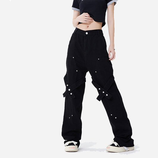 Jeans Rectos de Trabajo Desgastado - Estilo Casual Industrial