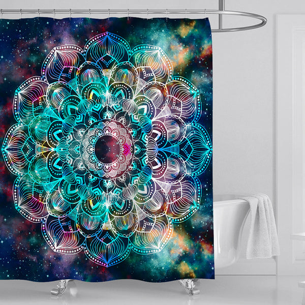 Colorful abstract deer shower curtain with floral antlers in shades of blue, orange, red, and yellow.