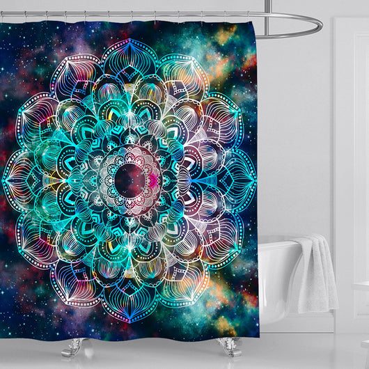 Colorful abstract deer shower curtain with floral antlers in shades of blue, orange, red, and yellow.