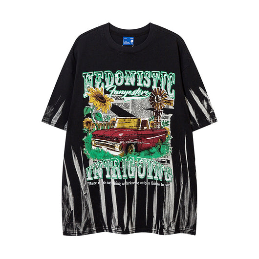 Camiseta Hip Hop Urbana con Estampado Cartoon Desgastado para Hombre