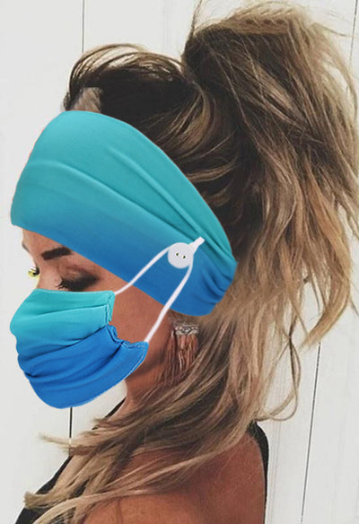 Gradient orange and yellow headband with buttons for attaching a matching pleated face mask, modeled by a woman. - Image 10