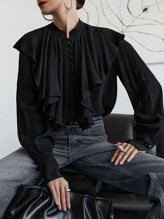 Blusa Negra Elegante con Volantes Drapeados Estilo Palacio - Image 9