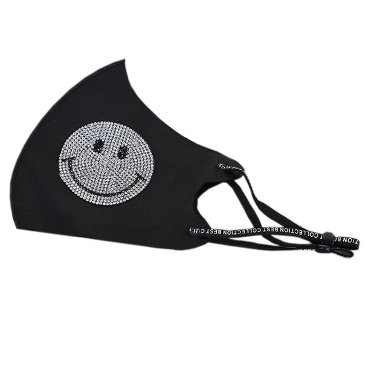 Black ear-mounted mask with a sparkling rhinestone bow pattern, featuring adjustable ear loops. - Image 5