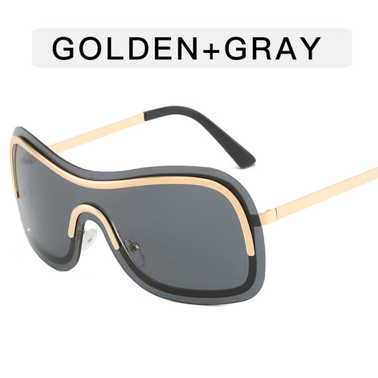 Women's fashionable shield sunglasses with a gold metal frame and dark gray lenses, featuring a unique wavy design. - Image 7
