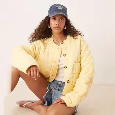 Abrigo Acolchado de Algodón a Cuadros Amarillo para Mujer