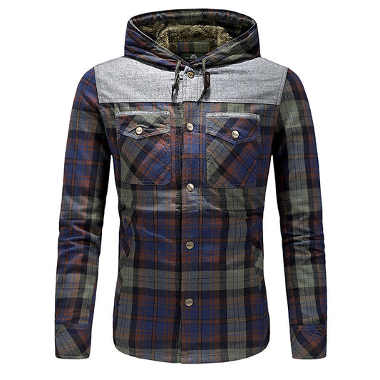 Camisa Acolchada Tipo Plaid para Hombre Talla Grande con Capucha - Otoño e Invierno
