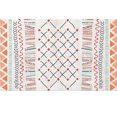 Rectangular area rug with white background and horizontal stripes of black, teal, and yellow tribal patterns. - Image 38
