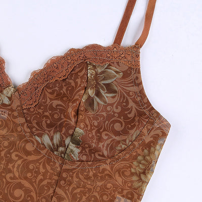 Slip Bohemio de Malla Estampada con Tirantes Finos - Marrón - Image 9