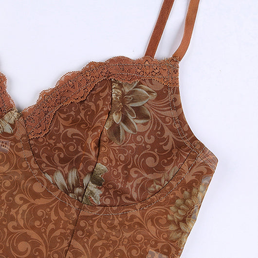 Slip Bohemio de Malla Estampada con Tirantes Finos - Marrón - Image 9