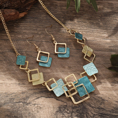 Conjunto de Aretes, Pulsera y Collar con Cuadrados Geométricos Pintados en Óleo - Image 6