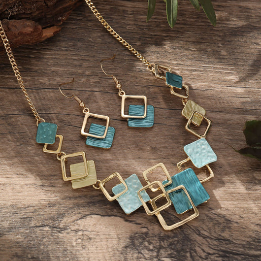 Conjunto de Aretes, Pulsera y Collar con Cuadrados Geométricos Pintados en Óleo - Image 6